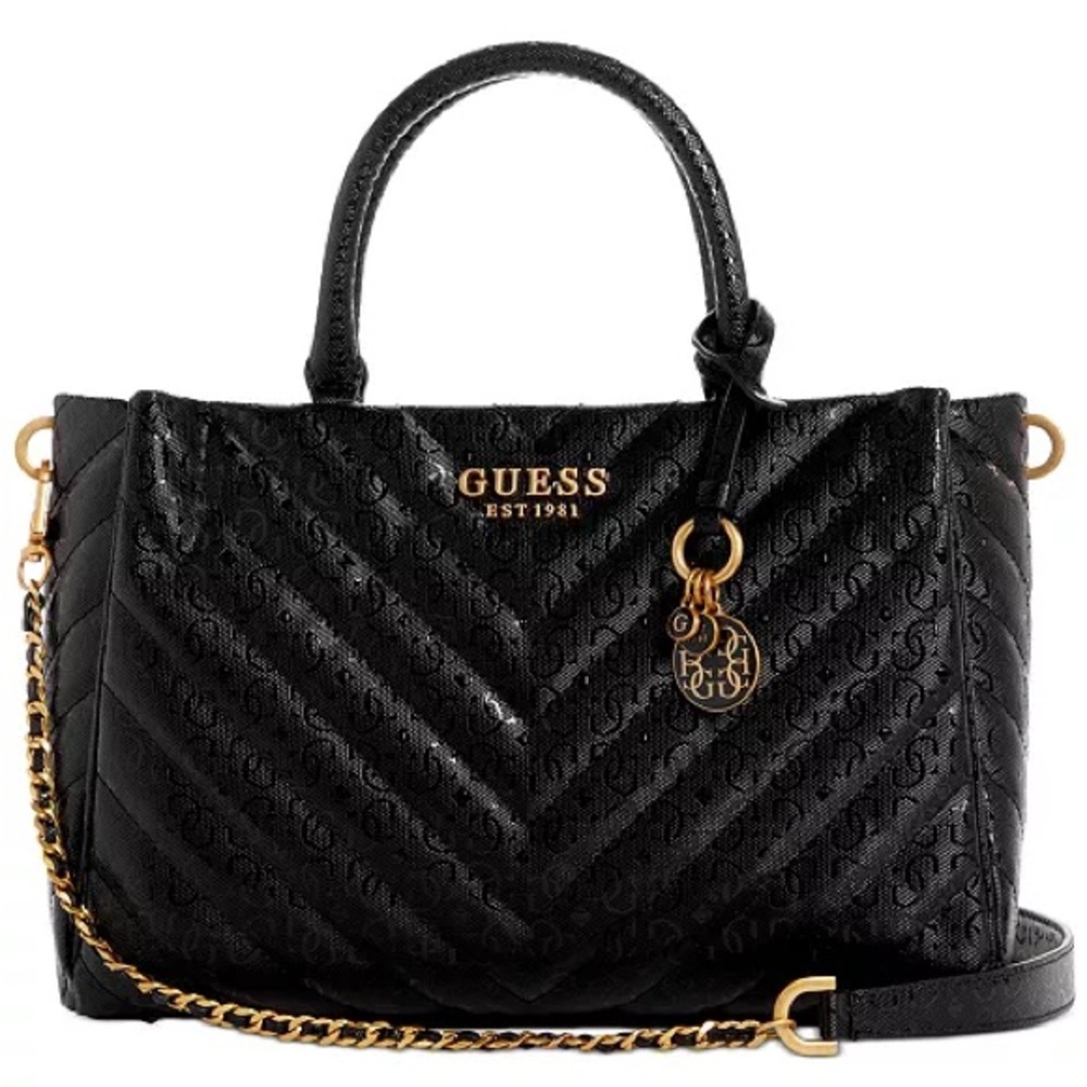 GUESS Black Jania Society Quilted Medium Satchel Crossbody purse NWT